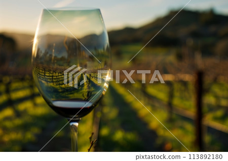 Sunset over vineyard reflected in a glass of red wine 113892180