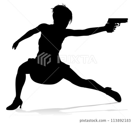 Woman Silhouette Action Secret Agent Spy With Gun 113892183