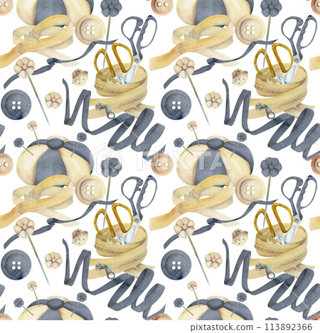 Hand drawn watercolor illustration sewing craft supplies. Clothes zippers, textile pin cushion with needles, buttons. Seamless pattern isolated on white background. Design atelier, tailor, hobby shop Hand drawn watercolor illustration sewing craft supplies. Clothes zippers, textile pin cushion with needles, buttons. Seamless pattern isolated on white background. Design atelier, tailor, hobby shop 113892366