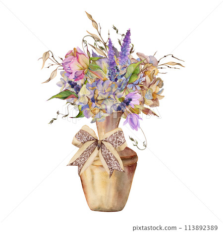 Hand drawn watercolor illustration shabby boho botanical flowers leaves. Rose ivy hydrangea veronica lunaria in vase with lace bow tie. Bouquet isolated on white background. Design wedding, love cards 113892389