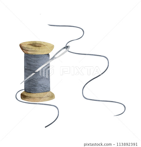 Hand drawn watercolor illustration sewing craft embroidery supplies. Wooden indigo thread spool skein bobbin, pin needles. Composition isolated on white background. Design atelier, tailor, hobby shop Hand drawn watercolor illustration sewing craft embroidery supplies. Wooden indigo thread spool skein bobbin, pin needles. Composition isolated on white background. Design atelier, tailor, hobby shop 113892391