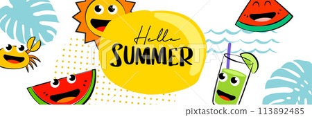 Hello summer camp poster design with fun cartoon characters. 113892485
