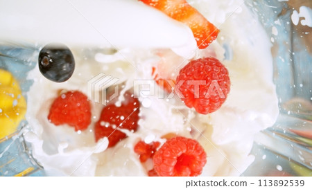 Overhead Shot of Pieces of Fruits with Milk in Blender. Overhead Shot of Pieces of Fruits with Milk in Blender. 113892539