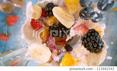 Overhead Shot of Pieces of Fruits with Milk in Blender. 113892543