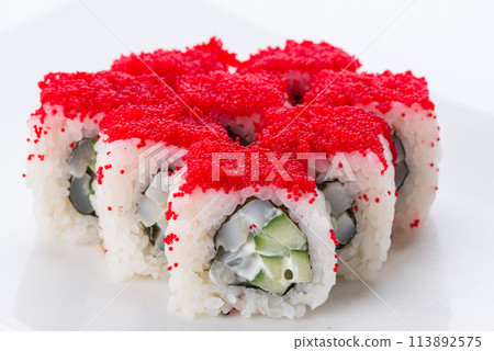 Japanese food restaurant, sushi maki gunkan roll plate or platter set. Sushi set and composition 113892575