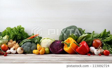 vegetables and greens on a wooden table, healthy food, white background with space for text 113892724