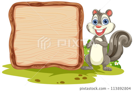 Cheerful Squirrel with Wooden Sign 113892804