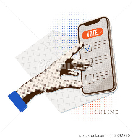 Collage for online election. Trendy vintage banner with halftone hand sticking out from phone and pushing voting button. Collage for US Election 2024 campaign. Vote day November 5. Vector illustration Collage for online election. Trendy vintage banner with halftone hand sticking out from phone and pushing voting button. Collage for US Election 2024 campaign. Vote day November 5. Vector illustration 113892830