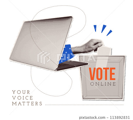 Presidential election promo collage with halftone hand putting ballot in voting box sticking out from laptop screen. Collage for US Election 2024 campaign. Vote day, November 5. Trendy vector design. 113892831