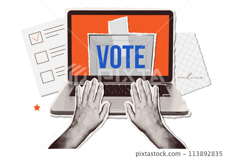 Trendy Halftone Collage banner for online election. Laptop with Hands in Torn Paper retro style. Online voting and election concept. Vector illustration. Trendy Halftone Collage banner for online election. Laptop with Hands in Torn Paper retro style. Online voting and election concept. Vector illustration. 113892835