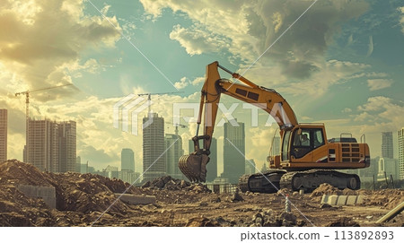 World Construction Day, a bulldozer digs the ground against the background of multi-storey buildings World Construction Day, a bulldozer digs the ground against the background of multi-storey buildings 113892893
