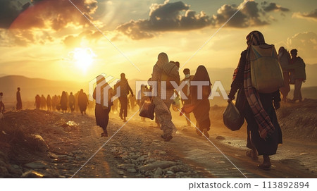 World Refugee Day, people cross the border with things at sunset World Refugee Day, people cross the border with things at sunset 113892894