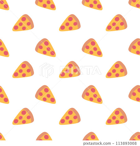 Pizza slice with pepperoni seamless pattern. Italian food background. Simple doodle, hand drawn kitchen wallpaper. Flat vector illustration. 113893008