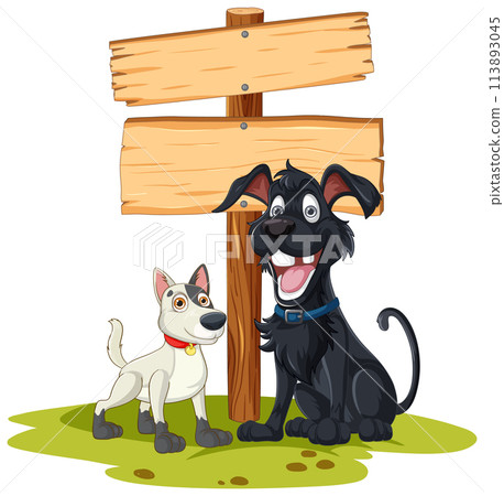 Happy Dogs by the Wooden Sign Happy Dogs by the Wooden Sign 113893045