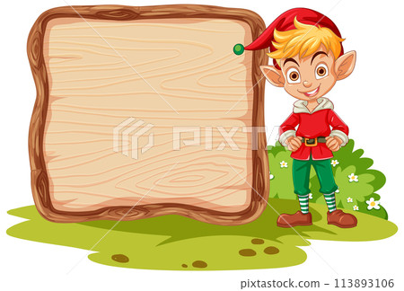 Cheerful Elf Beside Blank Wooden Sign 113893106