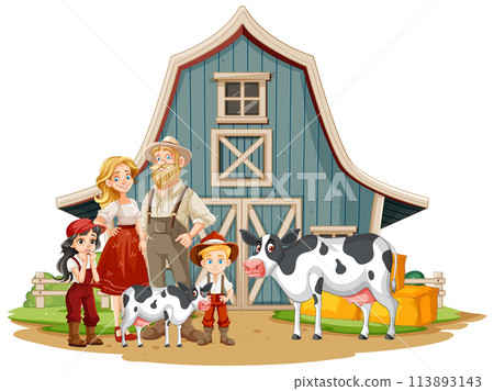 Happy Farm Family with Livestock Illustration Happy Farm Family with Livestock Illustration 113893143