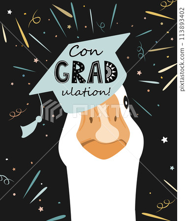 Funny graduate goose character in graduation hat with ConGradulation lettering. Geese wearing in grad cap. Vector isolated illustration. 113893402