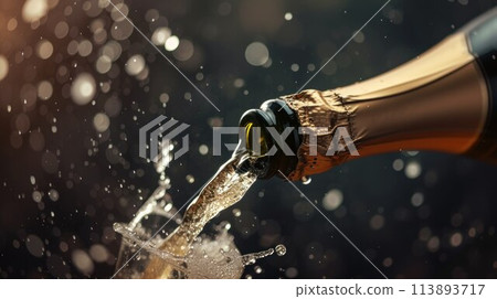 champagne bottle is opened. cork shoots from champagne bottle. symbolic photo for the year, new year's eve, celebrations and openings 113893717