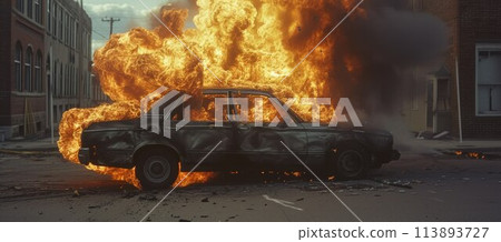Car burning in flames causing a lot of smoke of... - Stock Illustration ...