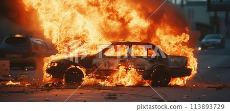 Car burning in flames causing a lot of smoke of burning car 113893729