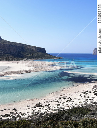 Balos Lagoon Beach and Cape Tigani, elevated view, Gramvousa Peninsula, Chania Region, Crete, Greek Islands, Greece, Europe Balos Lagoon Beach and Cape Tigani, elevated view, Gramvousa Peninsula, Chania Region, Crete, Greek Islands, Greece, Europe 113893863