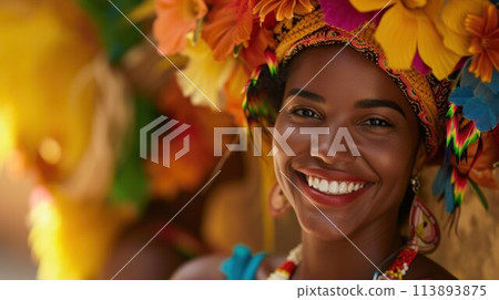 Brazilian woman of African descent, smiling, wearing traditional attire in the old colonial district 113893875