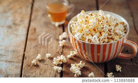 Salt popcorn on the wooden table, selective focus 113893888