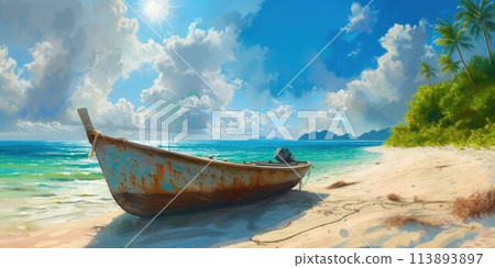 Boats at the beauty beach with limestone cliff and crystal clear water in Thailand 113893897