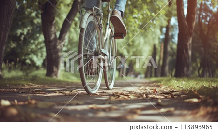 Close up of a biker riding a bike through the forest road Close up of a biker riding a bike through the forest road 113893965