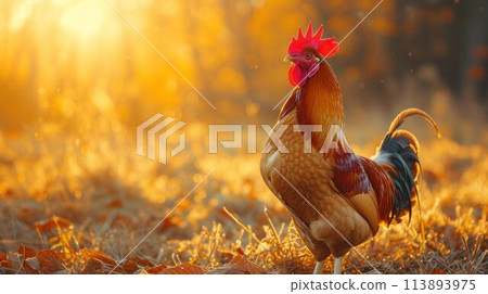 Beautiful Rooster standing on the grass in blurred nature green background. rooster going to crow 113893975