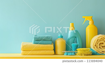 Cleaning set for different surfaces in kitchen, bathroom and other rooms. Empty place for text or logo. Bright yellow background. Spring regular cleanup. Front view. 113894040