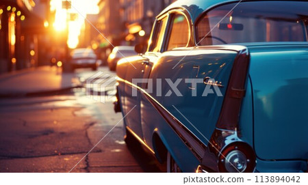 Classic american car from the fifties Low angle view showing cyan paint and chrome fender and grill 113894042