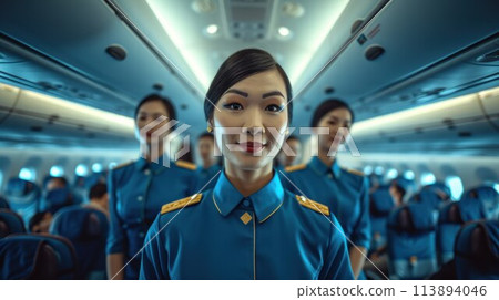Cabin crew or air hostess working in airplane. Airline transportation and tourism concept 113894046