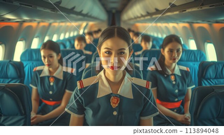 Cabin crew or air hostess working in airplane. Airline transportation and tourism concept 113894048