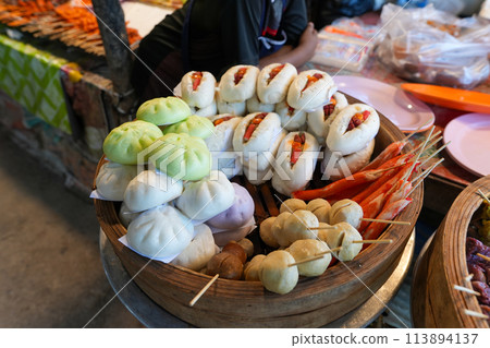 Steamed buns and meatballs,Food at the local market in Ao Nang City, Krabi Province 113894137