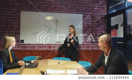 Businesswoman gives professional commentary to colleagues 113894364