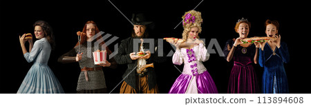 Collage made of people dressed like different medieval royal persons, knight and pirate, eating burgers, hot dogs and street food against black studio background. Collage made of people dressed like different medieval royal persons, knight and pirate, eating burgers, hot dogs and street food against black studio background. 113894608