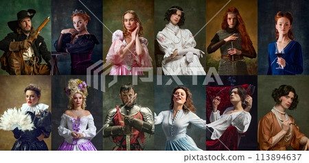 Collage. Multi Ethnic people in image of medieval, royalty persons dressed vintage clothing against vintage studio background. Collage. Multi Ethnic people in image of medieval, royalty persons dressed vintage clothing against vintage studio background. 113894637