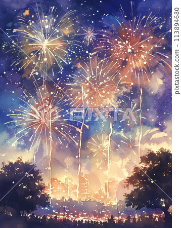 Watercolor painting of a fireworks display AI image 113894680