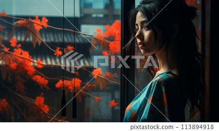 Pensive brunette lady gazes out window, expressing loneliness and sadness 113894918