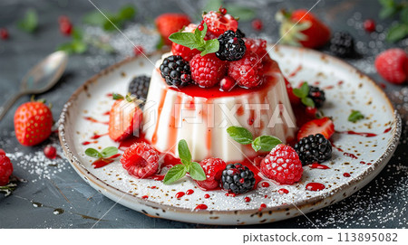 Blackberry Panna Cotta with Berry Sauce 113895082