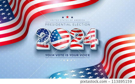 USA 2024 Presidential Election Banner Illustration with American Flag in Text Label on Light Background. Vector Vote Day, November 5. United States Election Voting Design with Typography for Poster USA 2024 Presidential Election Banner Illustration with American Flag in Text Label on Light Background. Vector Vote Day, November 5. United States Election Voting Design with Typography for Poster 113895159