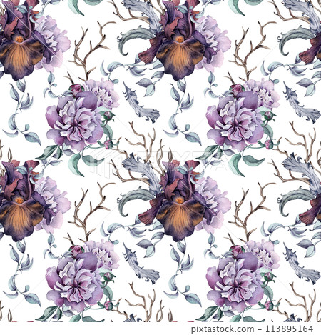 Gothic floral seamless pattern hand drawn. Black iris and peony flowers watercolor isolated on white. Botanical dark art with snag and feathers for mystical party. Design for package, textile, paper 113895164