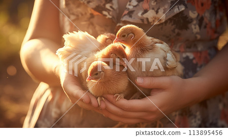 A farm girl takes care of her chickens on the farm. 113895456