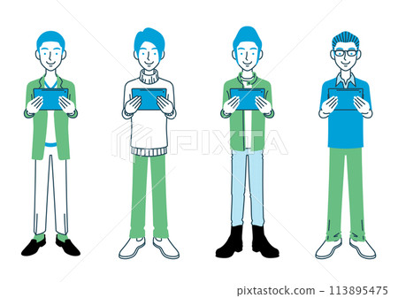 Illustration set of a man holding a tablet Illustration set of a man holding a tablet 113895475