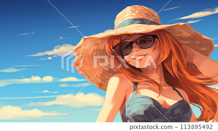 A free-spirited girl revels in a sunny beach day, exuding pure joy. 113895492