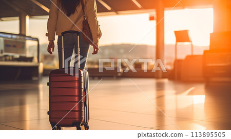 Young womans anticipation at airport, capturing essence of travel excitement. 113895505