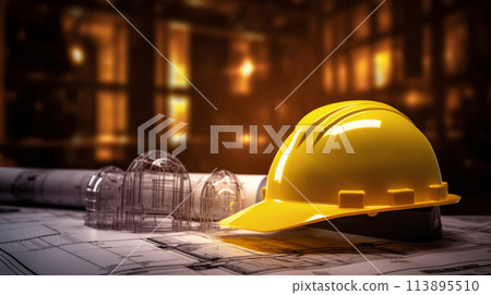 A vibrant yellow hard hat sits on blueprints, signaling a pause in construction plans. A vibrant yellow hard hat sits on blueprints, signaling a pause in construction plans. 113895510