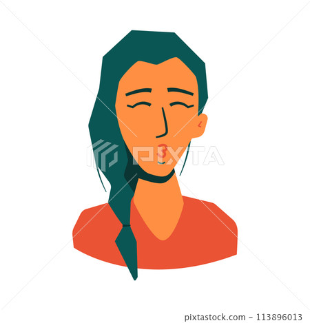 Face of young woman, who giving a kiss, with green hair in orange t-shirt. Isolated vector illustration for websites, avatar, card and more design Face of young woman, who giving a kiss, with green hair in orange t-shirt. Isolated vector illustration for websites, avatar, card and more design 113896013