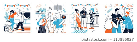 Happy people characters enjoying home party together isolated scene set Happy people characters enjoying home party together isolated scene set 113896027